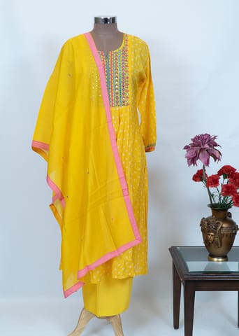 Yellow Color Muslin Embroidered Suit With Shantoon Bottom And Chanderi Embroidered Dupatta