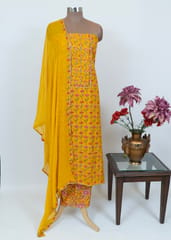 Cotton Hand Work Embroidery Suit With Chiffon Dupatta And Printed Cotton Bottom
