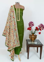 Green Color Glaze Cotton Embroidered Suit With Silk Hand Embroidered Dupatta And Cotton Bottom