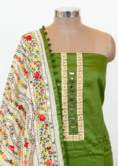 Green Color Glaze Cotton Embroidered Suit With Silk Hand Embroidered Dupatta And Cotton Bottom