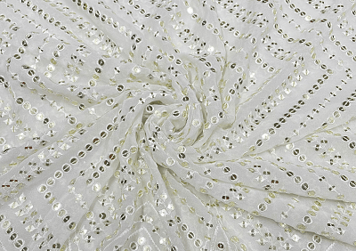 White Geometric Embroidered Dyeable Georgette Fabric