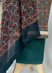 Green Cotton Ajrakh Printed Suit With Printed Chiffon Dupatta And Cotton Bottom