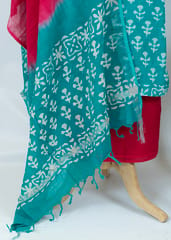 Sea Green Cotton Batik Printed Suit With Printed Cotton Dupatta And Majenta Cotton Bottom