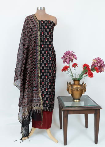 Black Chanderi Printed and Embroidered Suit With Printed Chanderi Dupatta And Cotton Bottom