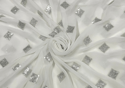 White Silver Geometric Embroidered Dyeable Georgette
