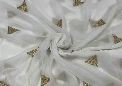 White Golden Triangles Embroidered Dyeable Georgette