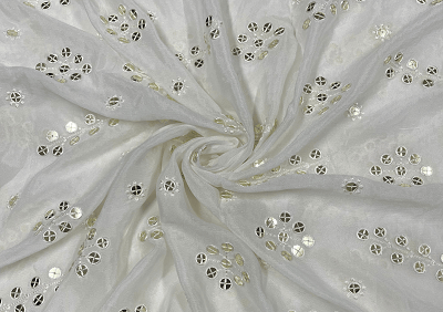 White Geometric Sequins Work Dyeable Embroidered Chiffon