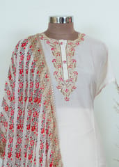 Cream Color Muslin Embroidered Upper With Shantton Bottom And Printed Muslin Dupatta