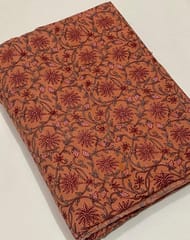 Mustard brown cotton fabric with red flowers print