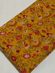Mustard brown cotton fabric with pink flowers print