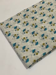 White colored cotton  fabric with small blue tulips print