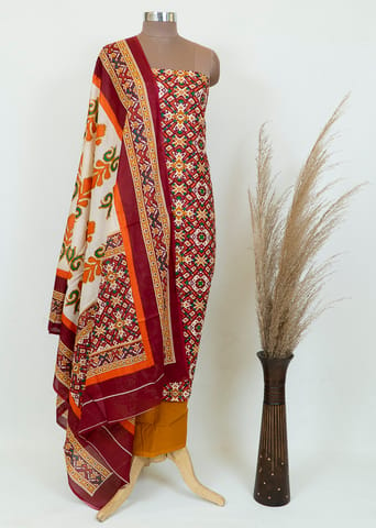 Red Cotton Patola Printed Suit Set With Printed Cotton Dupatta And Mustard Cotton Bottom