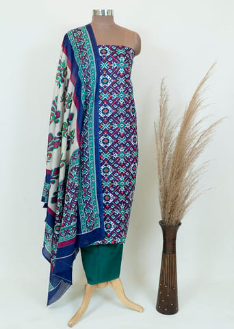 Blue Cotton Patola Printed Suit Set With Printed Cotton Dupatta And Green Cotton Bottom