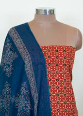 Red Color Cotton Ajrakh Print Shirt With Cotton Bottom And Cotton Printed Dupatta