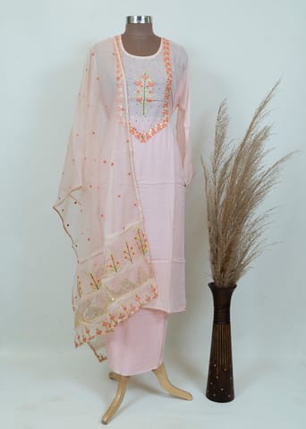 Pink Green Embroidered Muslin Shirt and Organza Dupatta with Shantoon lower