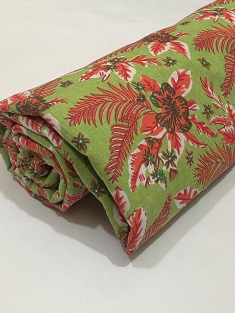 Green base fabric with red flowers