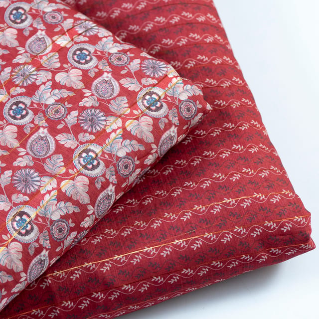 Red Color Muslin Zari Strips Digital Print Set