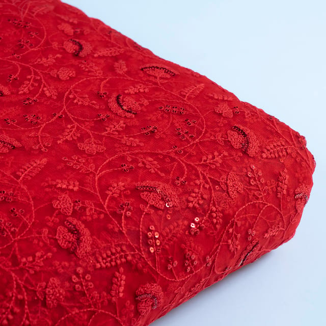 Red Color Net Embroidered Fabric