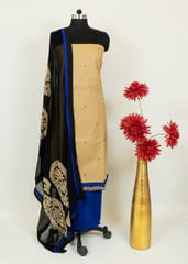 Fawn Color Cotton Embroidred Shirt With Cotton Blue Lower and Chiffon Black Embroidred Dupatta