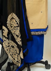 Fawn Color Cotton Embroidred Shirt With Cotton Blue Lower and Chiffon Black Embroidred Dupatta