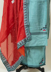 Sea Green Upada Embroidered Shirt With Upada Lower and Red Chinon Dupatta