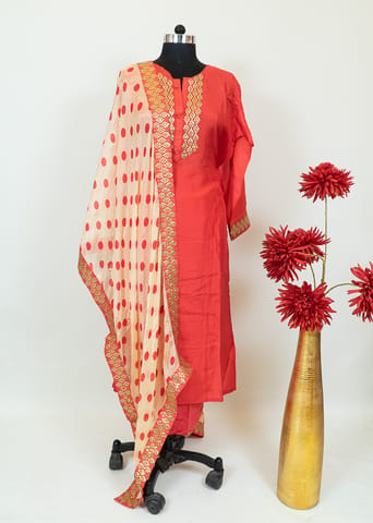 Carrot Color Dola Silk Embroidred Shirt With Shantoon Lower and Cream Color Tabby Print Dupatta With Embroidred Border