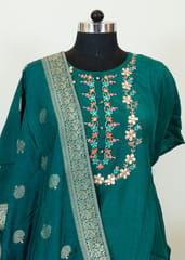 Green Color Embroidred Dola Silk Shirt With Shantoon Lower And Green Banarasi Dupatta
