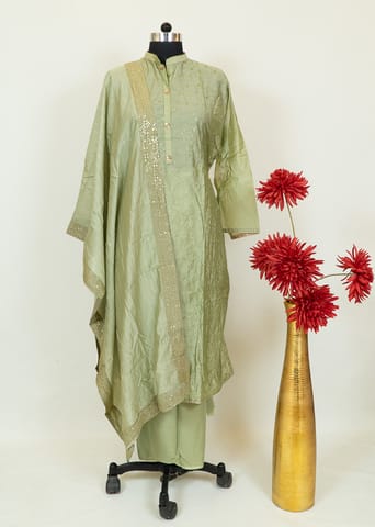 Lime Green Chanderi Embroidred Shirt With Cotton Lower and Chanderi Dupatta