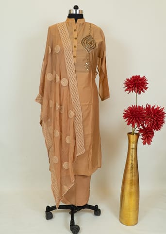 Light Brown Chanderi Embroidred Shirt With Cotton Lower And Lakhnavi Dupatta