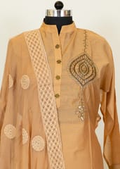 Light Brown Chanderi Embroidred Shirt With Cotton Lower And Lakhnavi Dupatta