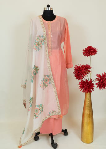 Peach Color Chanderi Lurex Shirt With Cotton Lower And Cream Color Cahnderi Printed Dupatta