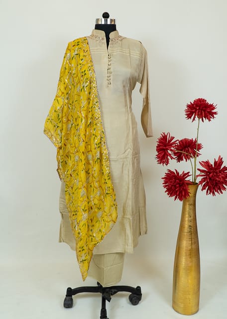 Fawn Color Monga Silk Embroidred Shirt With Shantoon Lower And Yellow Chinon Printed Embroidred Dupatta