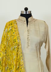 Fawn Color Monga Silk Embroidred Shirt With Shantoon Lower And Yellow Chinon Printed Embroidred Dupatta