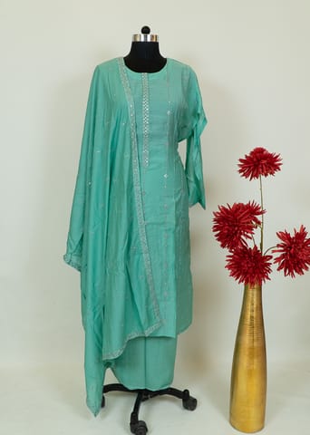 Sea Green Color Chanderi Embroidred Shirt With Cotton Lower And Chanderi Dupatta