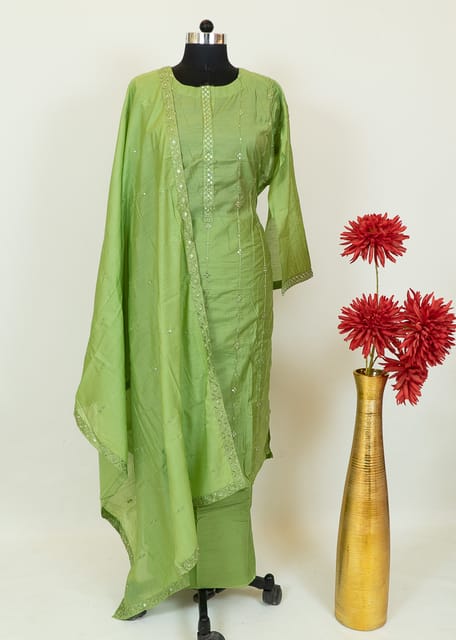 Parrot Green Color Chanderi Embroidered Shirt With Cotton Lower And Chanderi Dupatta