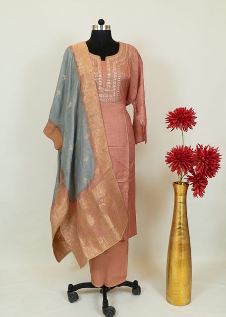 Onion Color Dola Silk Embroidred Shirt With Shantoon Lower And Double Shade Banarasi Dupatta