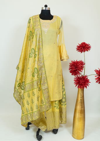 Lemon Color Embroidred Chanderi Shirt Printed Sharara Suit Set With Printed Chanderi Dupatta