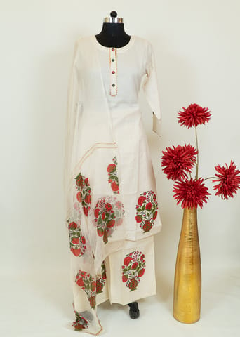 Cream Color Cotton Printed Sharara Suit Set With Printed Chiffon DUpatta