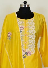 Yellow Color Chanderi Printed Shirt With Cotton Lower And Voil Dupatta