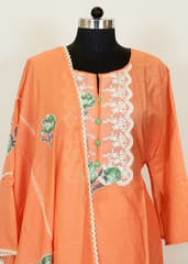 Dark Peach Color Chanderi Printed Shirt With Cotton Lower And Voil Dupatta