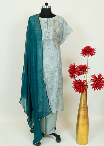 Grey Color Muslin Embroidred Shirt With Cotton Lower And Rama Green Color Chiffon Dupatta