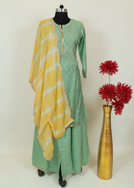 Lime Green Chanderi Embroidred Shirt With Cotton Bottom And Voil Yellow Colored Dupatta