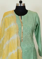 Lime Green Chanderi Embroidred Shirt With Cotton Bottom And Voil Yellow Colored Dupatta
