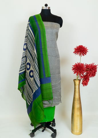 Grey and Black Color Chanderi Printed Shirt With Cotton Lower And Chanderi Printed Dupatta