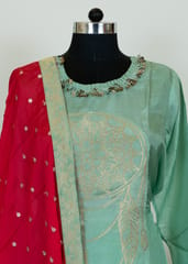 Sea Green Color Dola Silk Shirt With Shantoon Lower And Red Color Chinon Dupatta