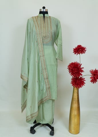 Sea Green Color Chanderi Shirt With Cotton Lower and Chanderi Embroidred Dupatta