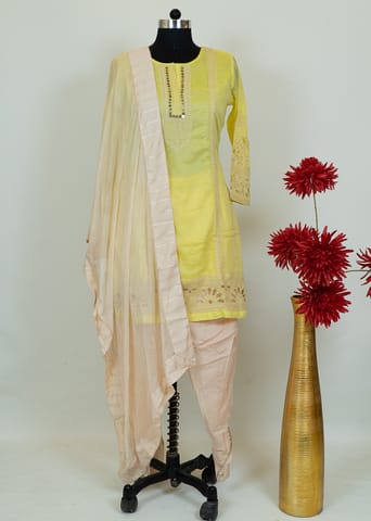 Lemon Color Muslin Embroidred Shirt With Rayon Dhoti And Muslin Dupatta