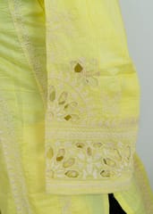 Lemon Color Muslin Embroidered Shirt With Rayon Dhoti And Muslin Dupatta