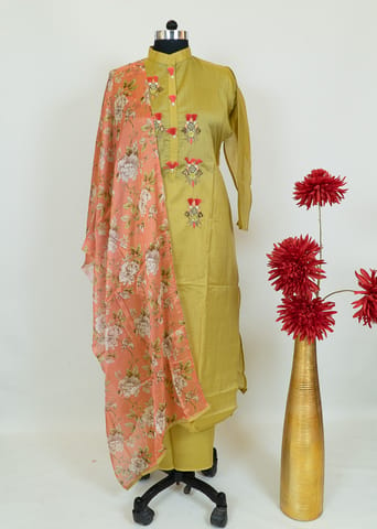 Mehndi Green Color Chanderi Emroidred Shirt With Cotton Lower And Chinon Printed Dupatta