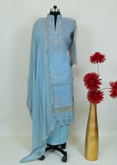 Powder Blue Organdi Embroidred Shirt With Cotton Lower And Chiffon Dupatta